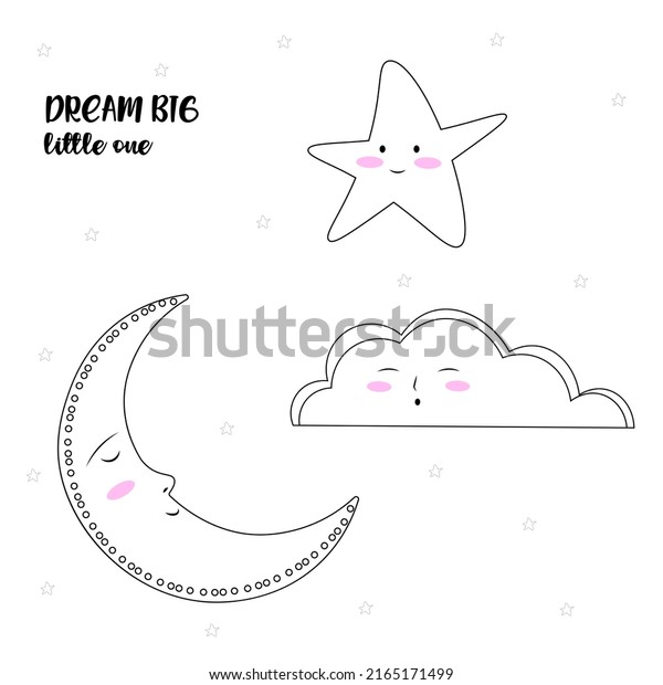 Moon, stars, cloud. Cute funky illustration for\
little ones.