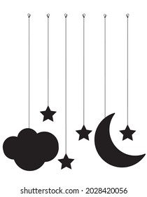 Moon, stars and cloud hanging isolated on white background, vector. Moon, cloud and stars wall decals illustration. Childish wall art, artwork. Black and white art design