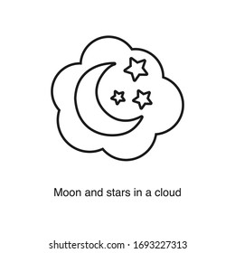 Moon and stars in a cloud icon vector on white background. Black icon illustration