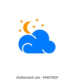 Moon, stars, cloud icon vector, filled flat sign, solid colorful pictogram isolated on white. Partly cloudy night weather forecast symbol, logo illustration
