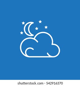 Moon, stars, cloud line icon, outline vector sign, linear white pictogram isolated on blue. Partly cloudy night weather forecast symbol, logo illustration