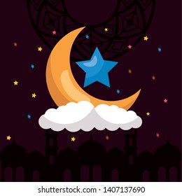moon stars cloud temple celebration eid mubarak vector illustration