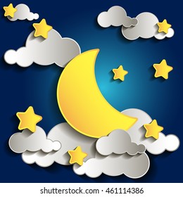 Moon and stars in the clouds.