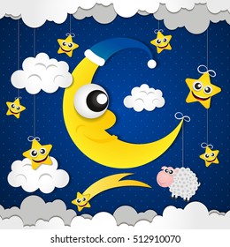 Moon and stars in the clouds.