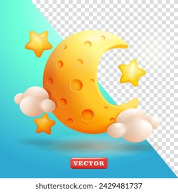 Moon, stars and clouds. 3d vectors, suitable for events and design elements