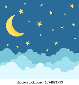 moon stars and clouds cartoon on blue background.