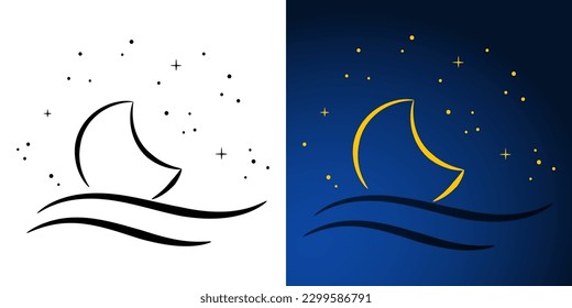 moon stars and clouds cartoon on blue background. vector illustration.