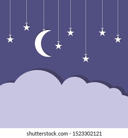 Moon stars and clouds. Cut paper style, vector