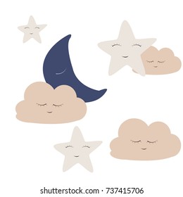 Moon, stars and clouds with cute faces.