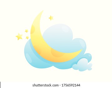 Moon stars and clouds cute kids cartoon illustration. Baby print design, wall decoration or decal cartoon. Good night sweet dreamy design. Vector isolated clipart.