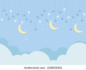 Moon stars and clouds cute pattern for kids, children. Clouds, moon, stars background.