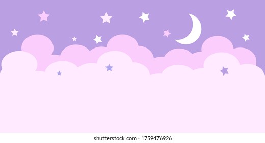 
The moon, stars, clouds. A light background in delicate pink and purple colors. Design for a children's bedroom.