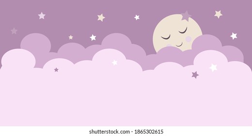 
The moon, stars, clouds. A light background in delicate pink and purple colors. Design for a children's bedroom.