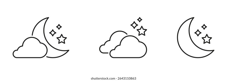 Conjunto De Ícones De Linha Lua, Estrelas E Nuvens. Tempo Noturno, Sono E Coleção De Símbolos De Sonho. Elementos Celestes E Atmosféricos. Traço editável. Ilustração de vetor isolada.