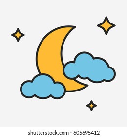 Moon with stars and clouds linear style illustration