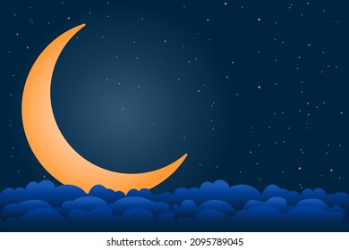 Moon, stars and clouds in midnight. Dark night sky background with copy space. Crescent moon and starry nighttime skies. Christmas night. Ramadan Kareem poster. Sweet dream concept.Vector illustration