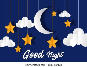 Moon and stars. clouds at night Vector paper-art
