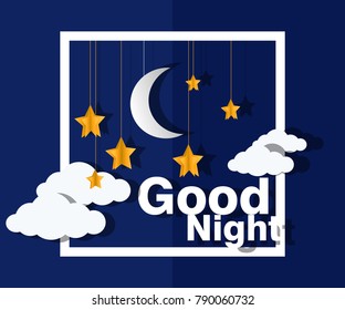 Moon and stars. clouds at night Vector paper-art