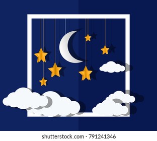 Moon and stars. clouds at night Vector paper-art