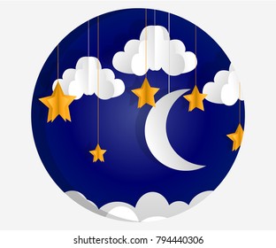 Moon and stars. clouds at night Vector paper-art