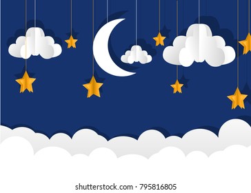 Moon and stars. clouds at night Vector paper-art