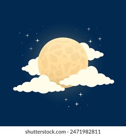 Moon with Stars and Clouds on Dark Celestial Backdrop - Navy Blue Night Sky Illustration