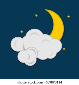 Moon with stars and clouds on dark blue background. Weather icon. Vector illustration 