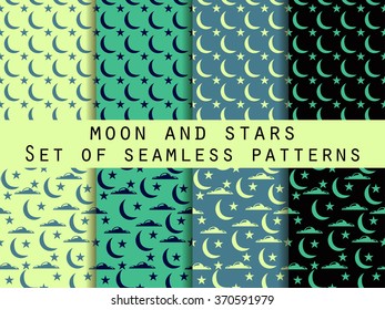 Moon, stars and clouds. Set seamless patterns The pattern for wallpaper, bed linen, tiles, fabrics, backgrounds. Vector illustration.