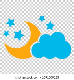 Moon and stars with clouds vector icon in flat style. Nighttime illustration on isolated transparent background. Cloud, moon business concept.