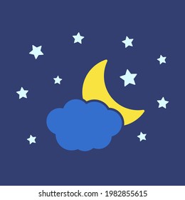 Moon, stars and clouds vector icon on background. Night sky icon.