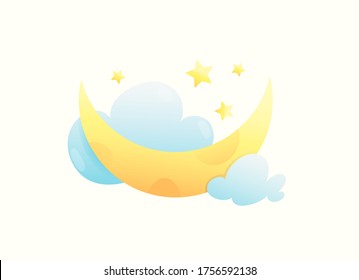 The moon, stars and clouds wall decor, shirt print or greeting card. Good night concept vector illustration design. Starry dreamy night for children design.