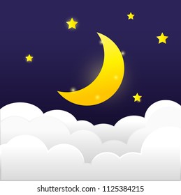 Moon and stars in cloudy midnight sky , paper style for sweet dream