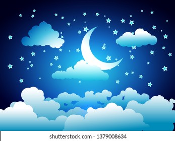 moon and stars in cloudy night sky