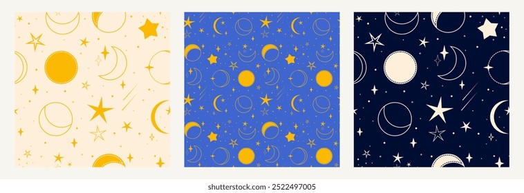 Lua, estrelas, cometas. Conjunto de padrões contínuos com elementos cósmicos em cores clássicas. Fases da lua, estrelas diferentes. Ilustrações vetoriais de padrões para design