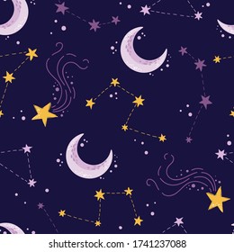 Moon, stars and constellations on a blue background. Cosmic seamless pattern, night sky, starfall.