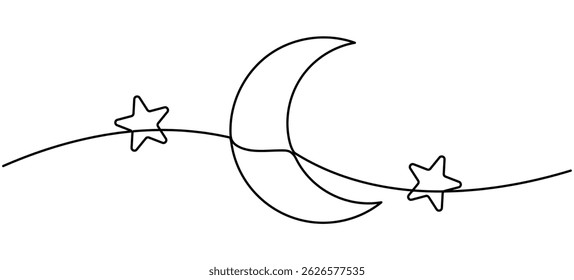 Mond mit Sternen durchgehende Linie Zeichnung. Arabisches Symbol. Vektorgrafik einzeln auf Weiß.