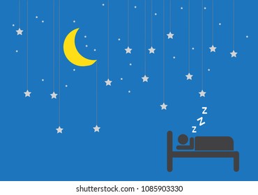  Moon  Stars with copy space.Moon and dreaming on bed with blue night sky. Vector illustration. EPS 10.