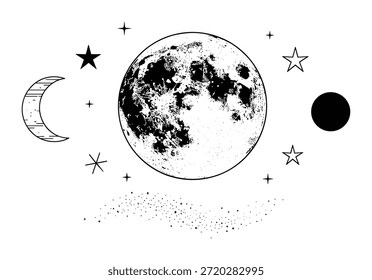 Lua e estrelas crescente completo astrologia celeste galáxia espaço vetor ilustração em estilo de desenho para astronomia e projetos cósmicos.
