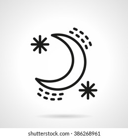 Moon and stars. Crescent sign. Astronomy and astrology symbol. Meteorology button. Simple black line vector icon. Single element for web design, mobile app.