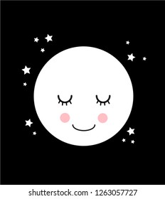 Moon and stars, cute characters, posters for baby room, greeting cards, kids and baby t-shirts 
