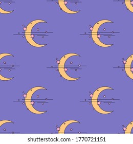Moon and stars, cute linear color seamless pattern. vector flat illustration. night, evening.
