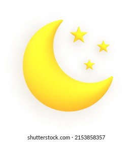 Moon and stars. Cute weather realistic icon. 3d cartoon vector illustration.