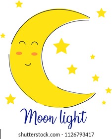 Moon and stars dark night icon - graphic dark moonlight illustration with stars. Cute cartoon moon smiling on white background