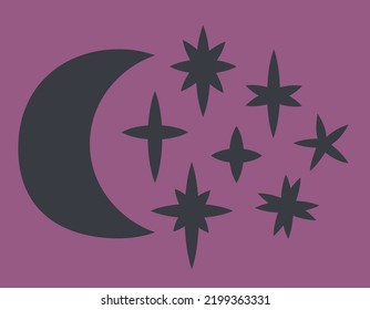Moon with stars. Design elements in black flat style.