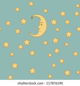 Moon and stars doodle cartoon seamless pattern hand drawn