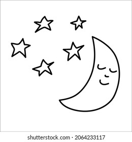 Moon and stars doodle. Hand drawing weather illustration. Moon with cute sleepy face