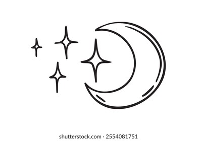 Moon and stars doodle hand drawn icon. Outline drawing Moon and stars night line clipart symbol. Vector illustration
