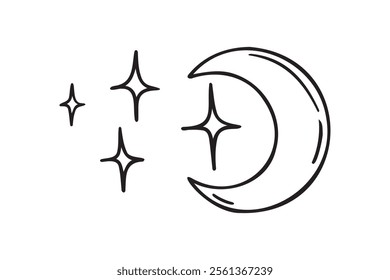 Moon and stars doodle hand drawn icon. Outline drawing Moon and stars night line clipart symbol. Vector illustration