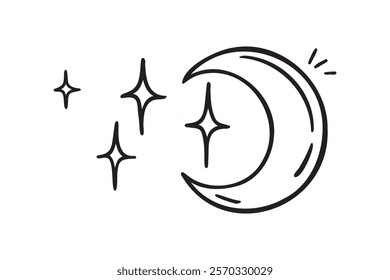 Moon and stars doodle hand drawn icon. Outline drawing Moon and stars night line clipart symbol. Vector illustration