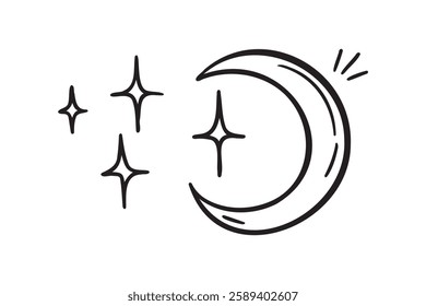 Moon and stars doodle hand drawn icon. Outline drawing Moon and stars night line clipart symbol. Vector illustration
